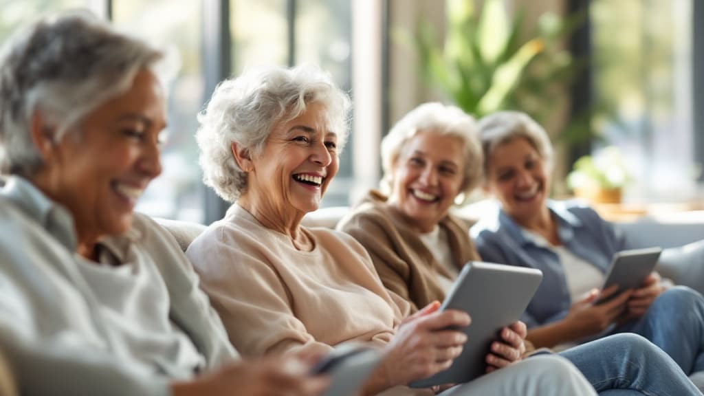 Seniors playing group games on tablets together