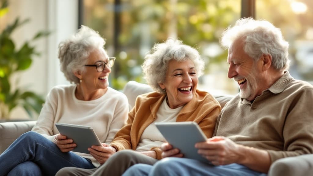 Group of seniors enjoying a tablet activity session